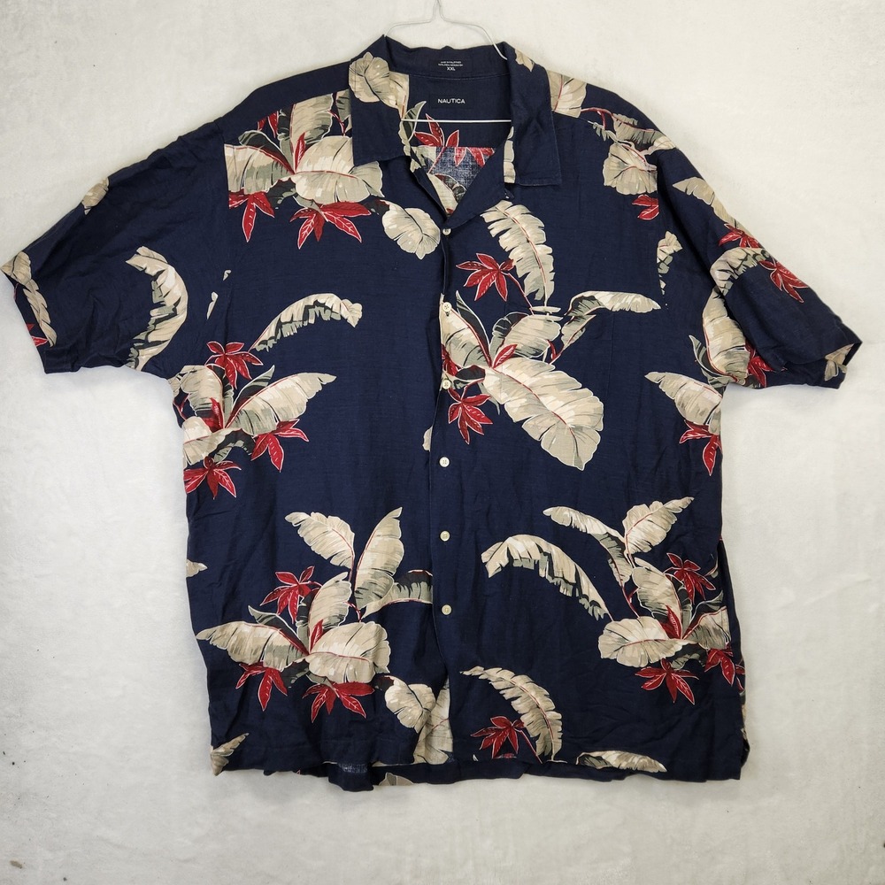 Nautica Mens XXL Navy Blue Tropical Palm Leaf Linen Blend Button Up Shirt